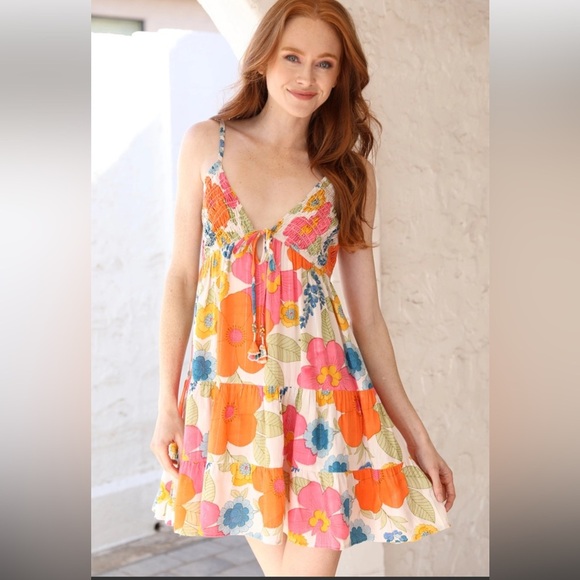 Angie Floral Print Smocked V Neck Babydoll Mini Sundress Cottagecore Ruffle M - Picture 1 of 15